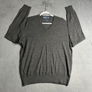 Polo Ralph Lauren Sweater Mens XL Gray 100% Merino Wool Custom Fit V Neck Casual